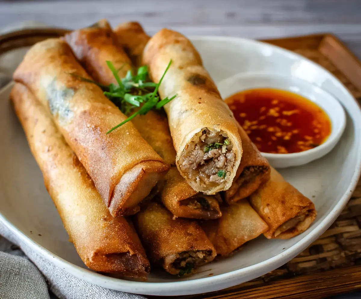 Crispy pork lumpia rolls served with dipping sauce on a white plate
