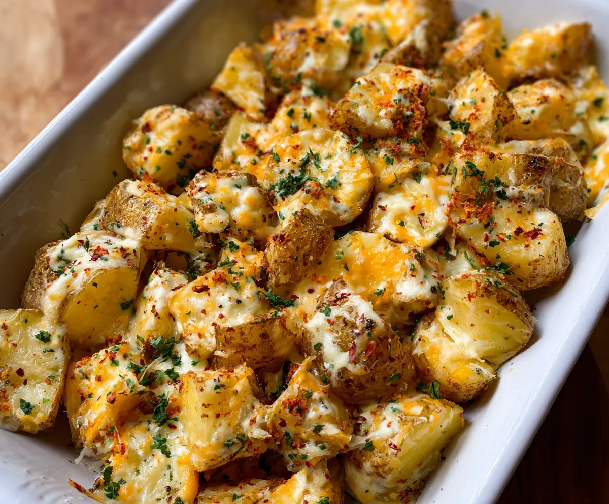Creamy Ranch Potatoes served as a flavorful side dish, golden and crispy on top.