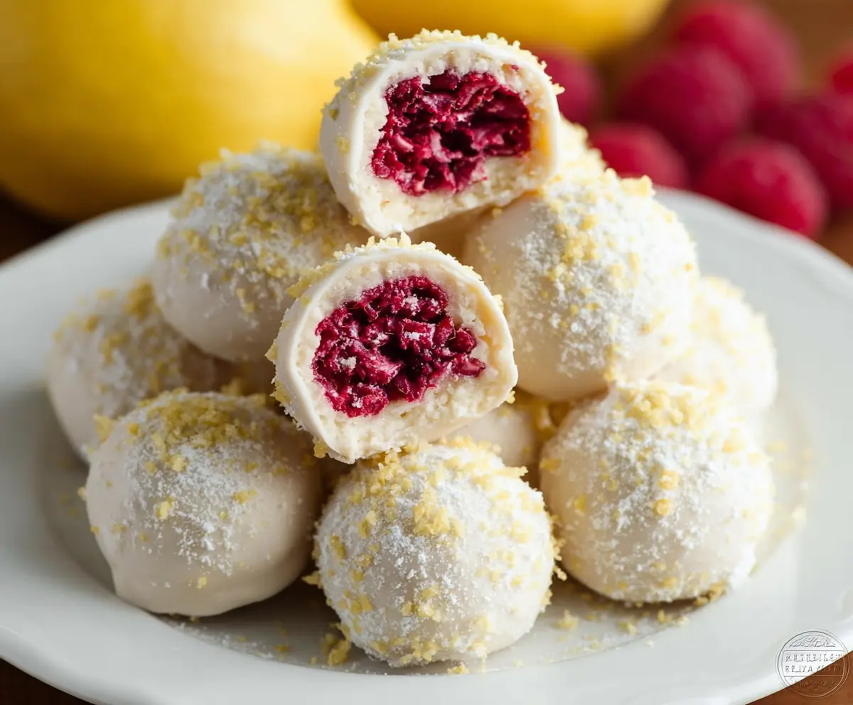 Delicious Raspberry Lemon Truffles with fresh raspberries and lemon zest garnished on a white plate.