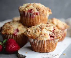 Fresh rhubarb and strawberry muffins, golden-brown with fruity filling, on a rustic baking tray.