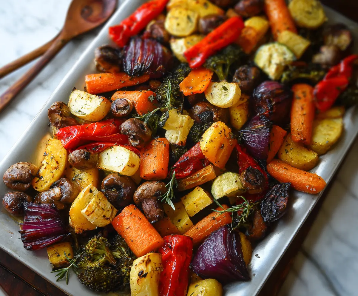 Colorful roasted vegetables including carrots, bell peppers, and zucchini on a baking tray.