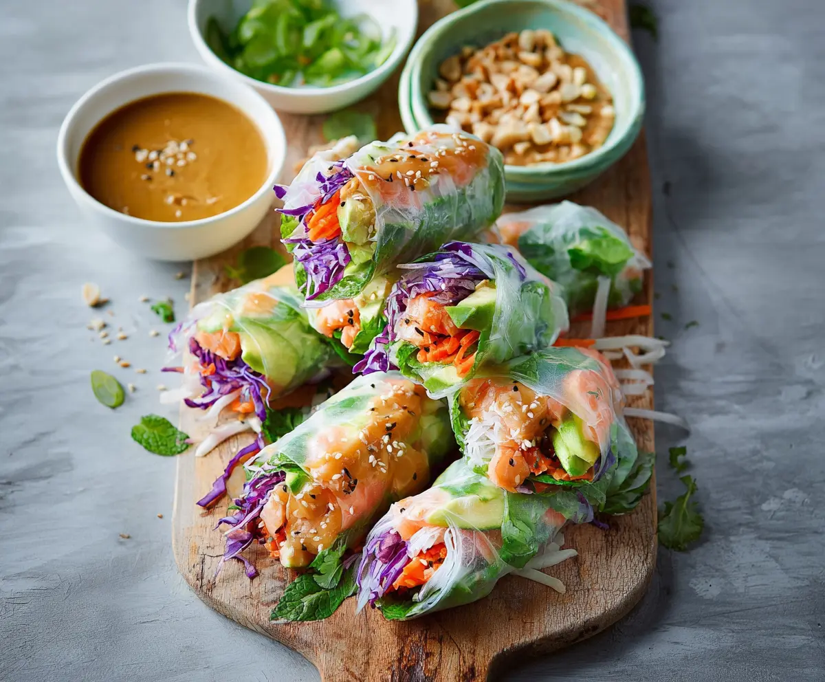 Fresh salmon spring rolls with vegetables and peanut sauce, perfect for a healthy appetizer.