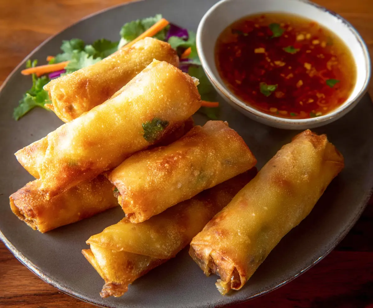 Delicious shrimp and pork spring rolls with fresh vegetables on a white plate