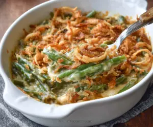 Delicious simple green bean casserole topped with crispy fried onions for a classic holiday side dish.