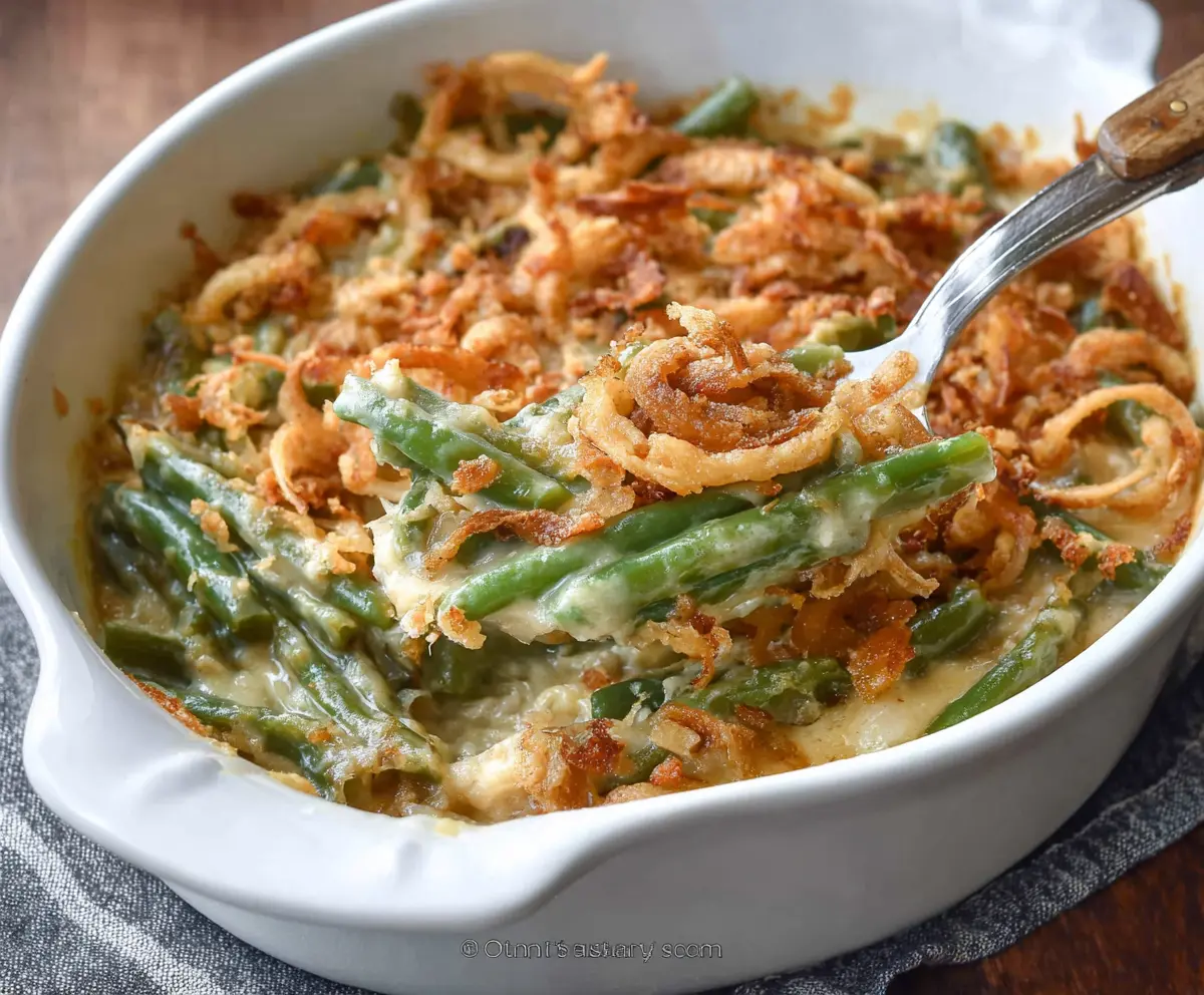 Delicious simple green bean casserole topped with crispy fried onions for a classic holiday side dish.