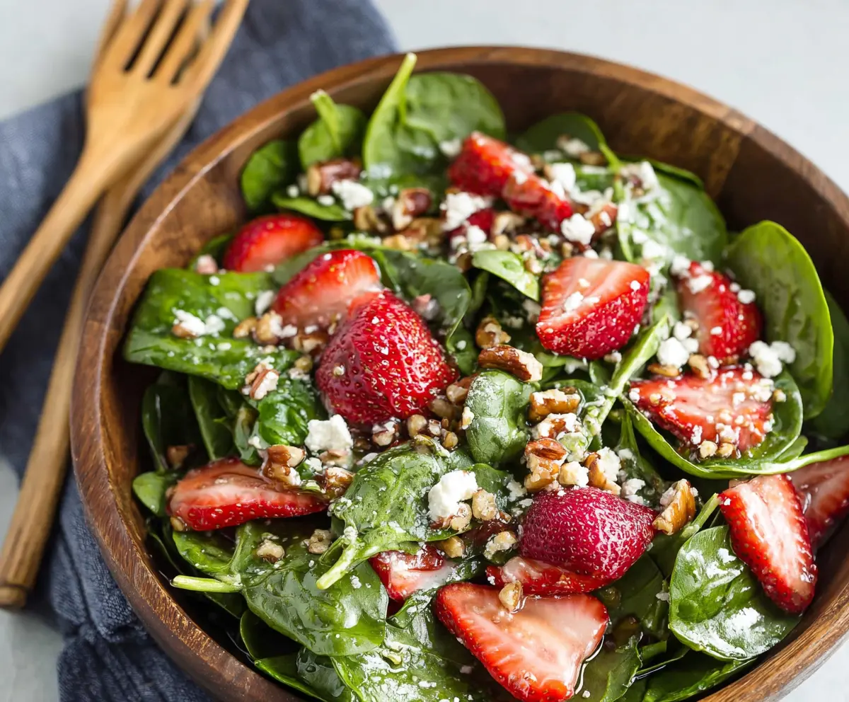 Fresh spinach and sliced strawberries in a colorful spinach strawberry salad.