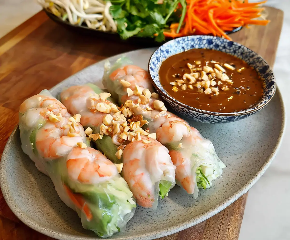 Fresh spring rolls filled with vegetables and herbs served with creamy peanut sauce.