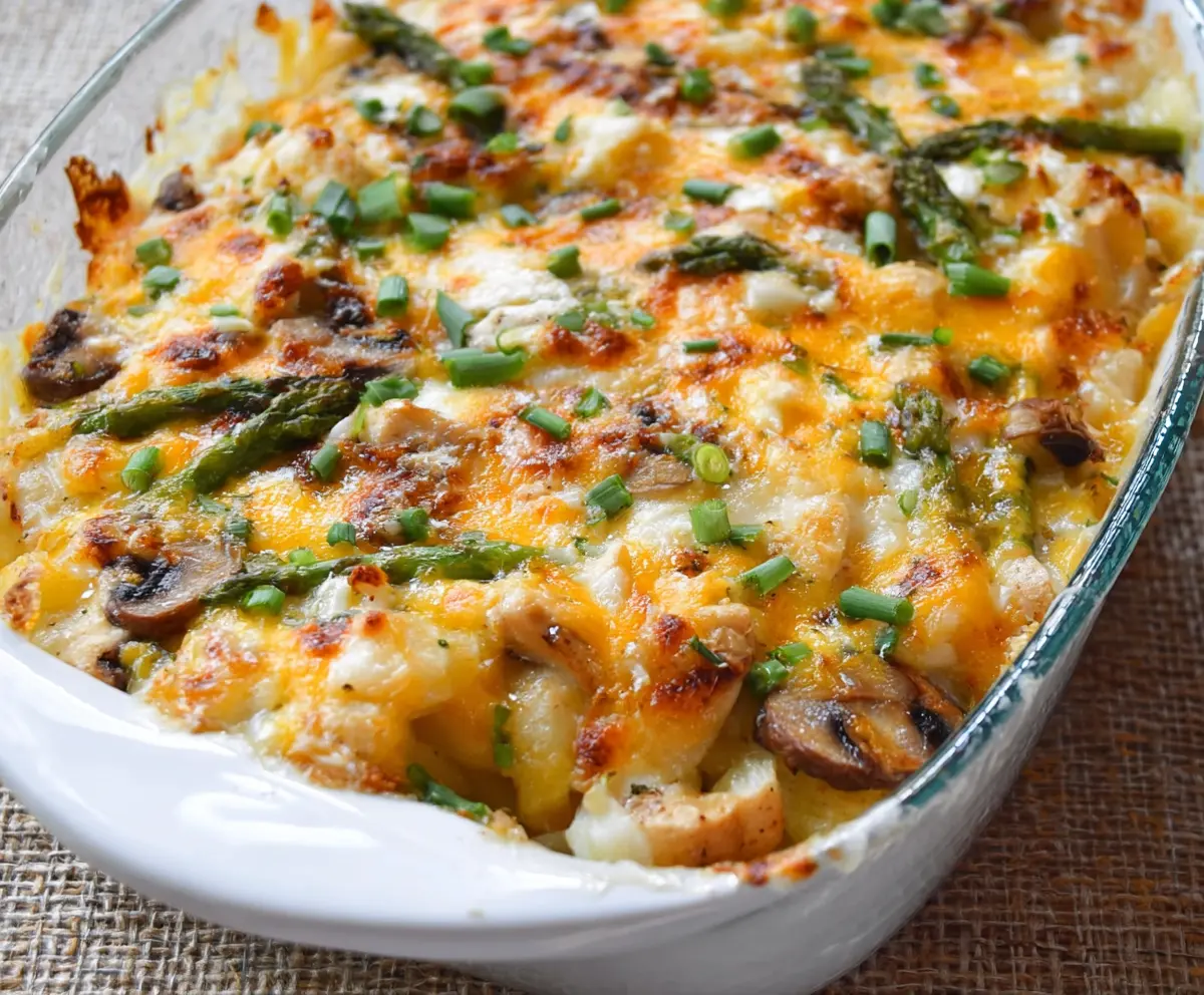 Delicious spring veggie loaded chicken and potato casserole with fresh vegetables and tender chicken.