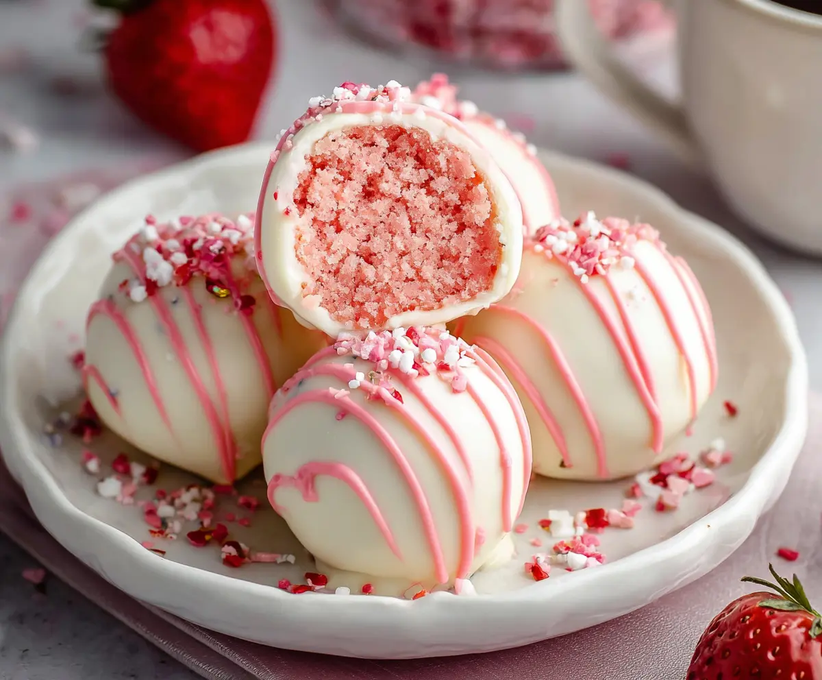 Delicious homemade strawberry cake balls coated in smooth chocolate frosting for a sweet dessert treat.