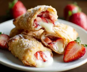 Delicious strawberry cheesecake egg rolls with crispy golden exterior and creamy filling.