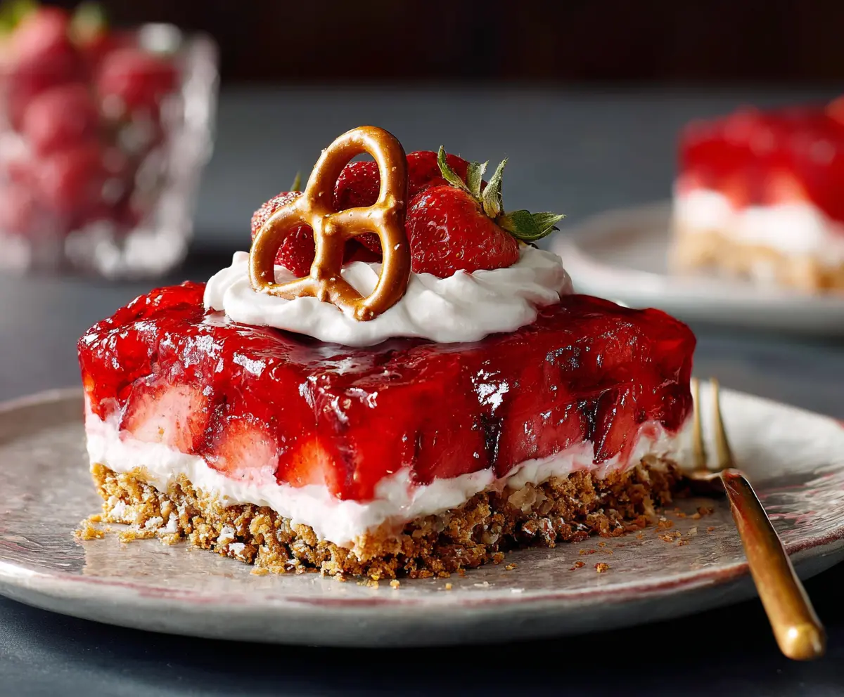 Delicious strawberry pretzel dessert topped with whipped cream and fresh strawberries.