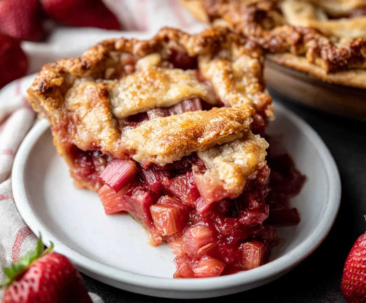 Homemade strawberry rhubarb pie with golden crust and fresh fruit filling.