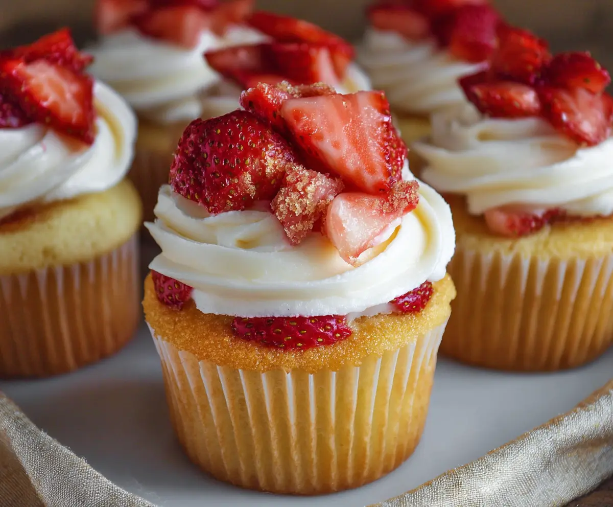 Delicious strawberry shortcake cupcakes topped with whipped cream and fresh strawberries.