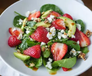 Fresh Strawberry Spring Salad with mixed greens and a light vinaigrette, perfect for a healthy spring meal.