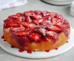 Delicious strawberry upside down cake with fresh strawberries and caramelized topping