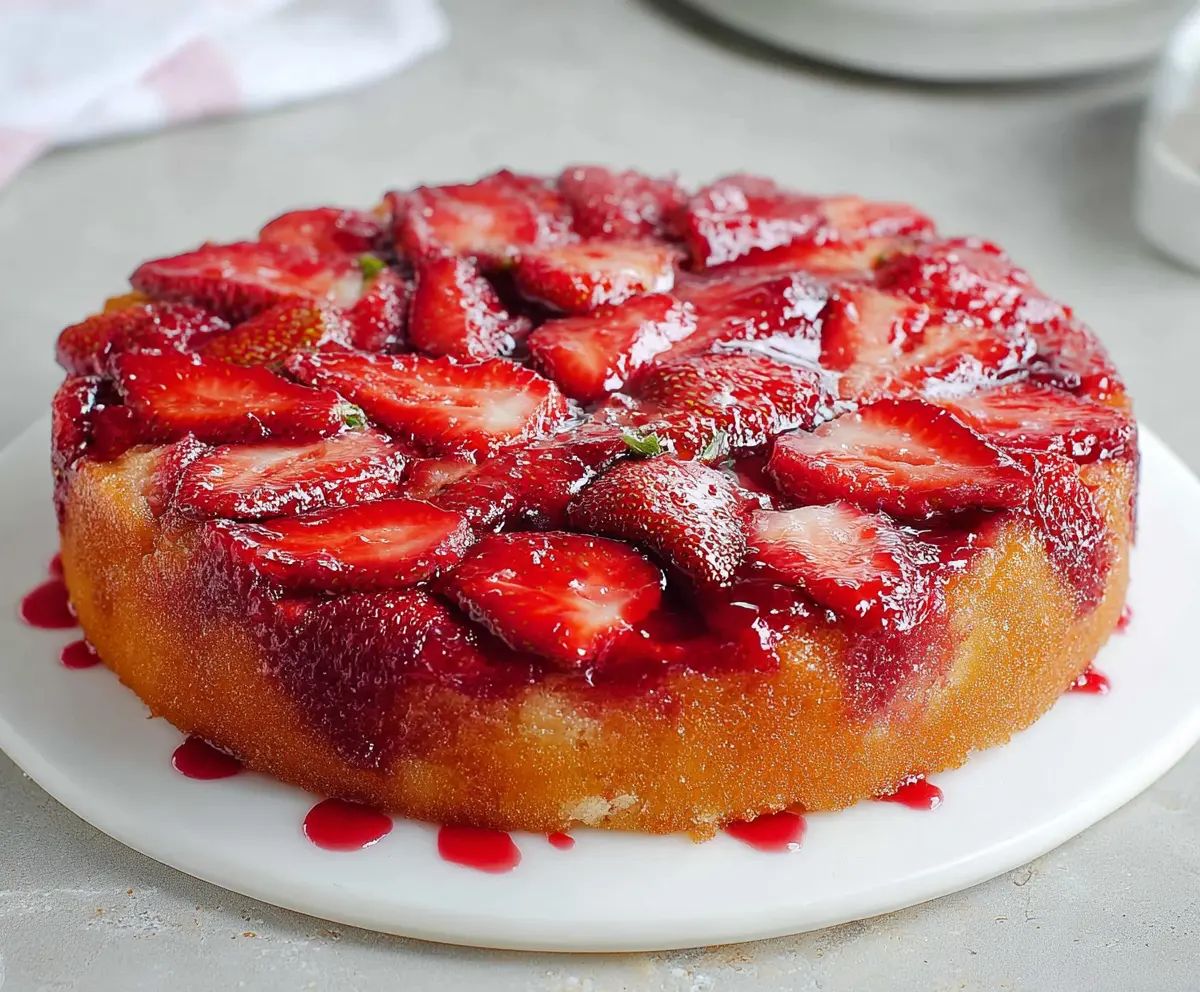 Delicious strawberry upside down cake with fresh strawberries and caramelized topping