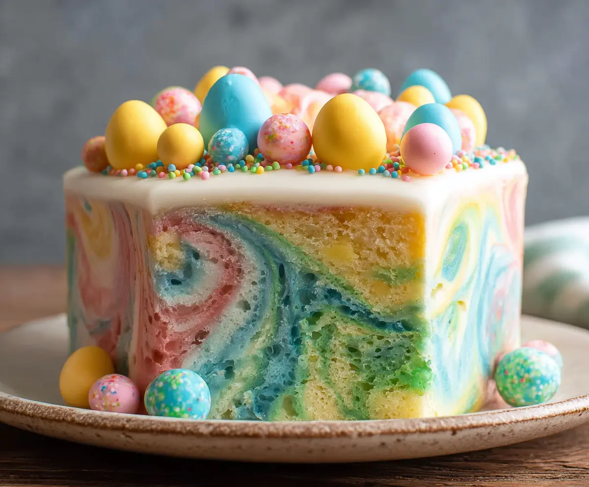 Colorful swirled Easter cake with festive frosting and decorative sprinkles.