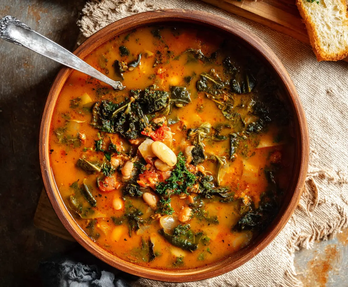 Hearty Tuscan Ribollita soup with beans, kale, and crusty bread in a rustic bowl.