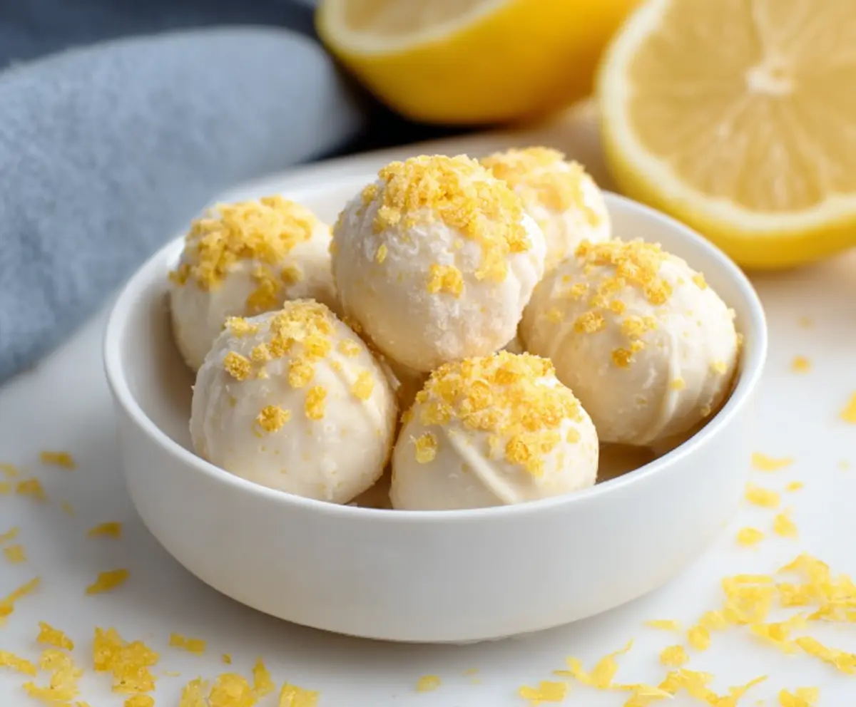 Delicious White Chocolate Lemon Truffles garnished with zest on a white plate
