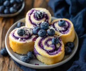 Delicious blueberry cheesecake rolls with creamy filling and fresh blueberries, perfect for dessert.