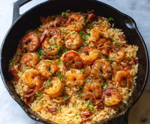 Delicious Cajun shrimp and rice skillet served hot with vibrant spices and fresh herbs.