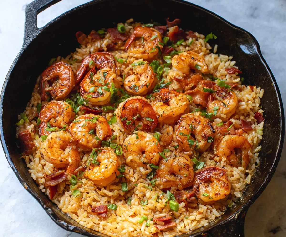 Delicious Cajun shrimp and rice skillet served hot with vibrant spices and fresh herbs.