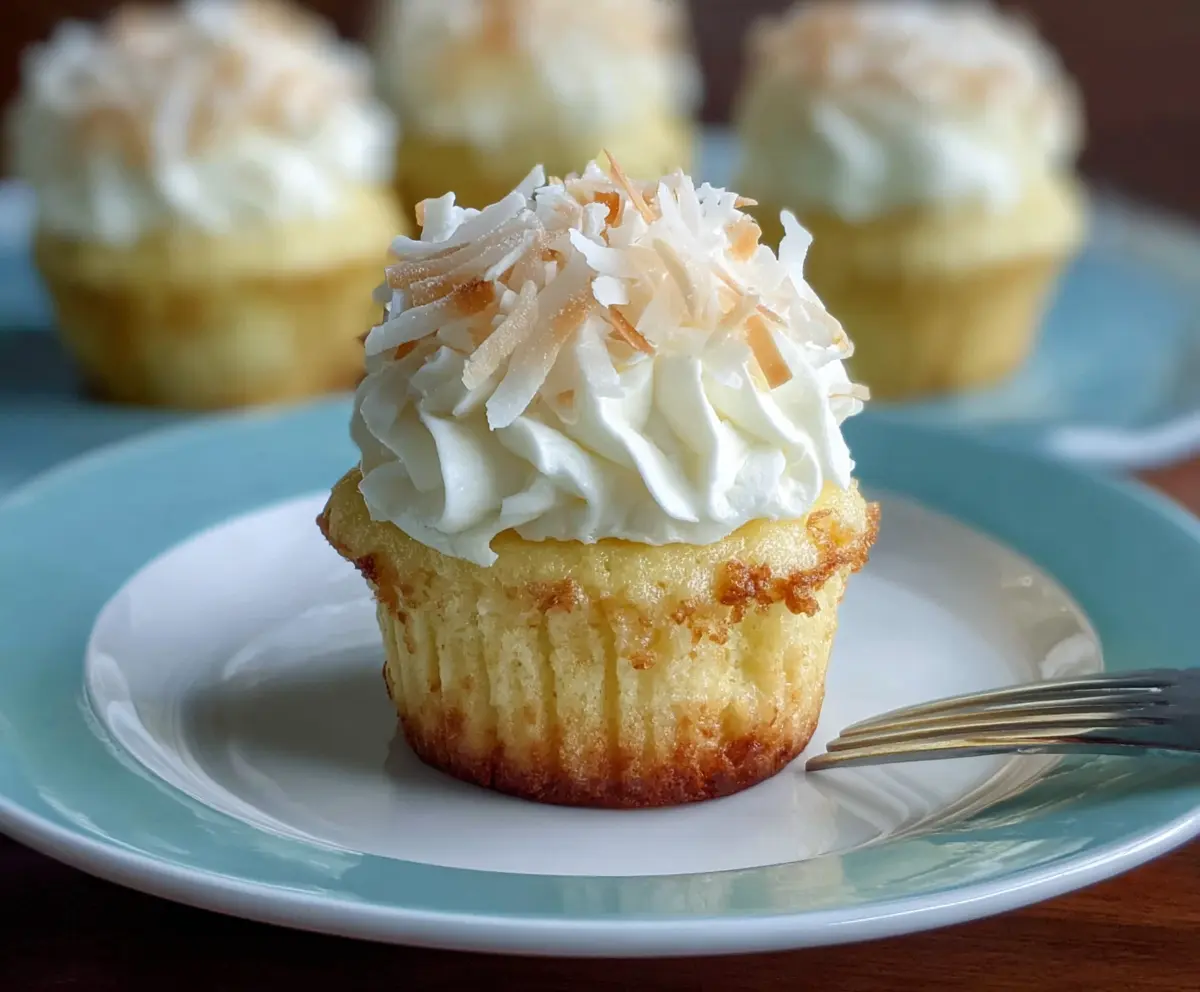 Delicious Coconut Cream Pie Cupcakes topped with whipped cream and toasted coconut flakes.