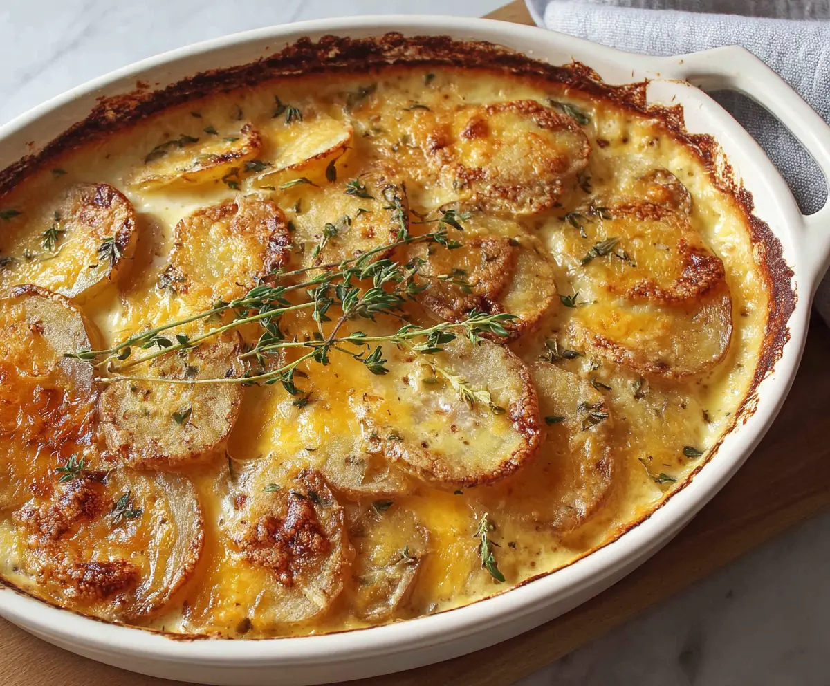 Delicious creamy au gratin potatoes in a baking dish, topped with melted cheese and herbs.