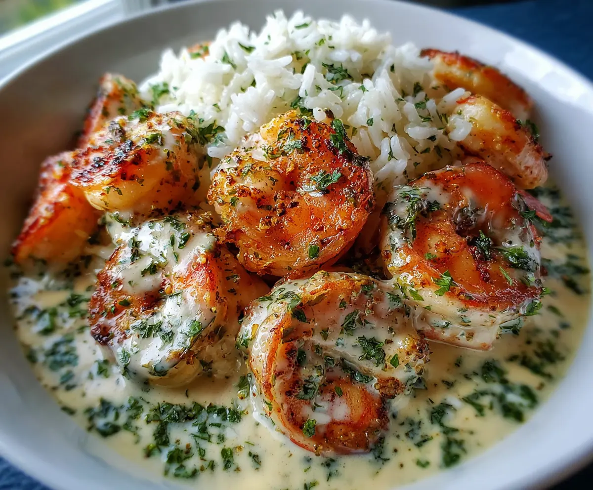 Creamy garlic butter shrimp served in a bowl with herb rice garnished with fresh herbs