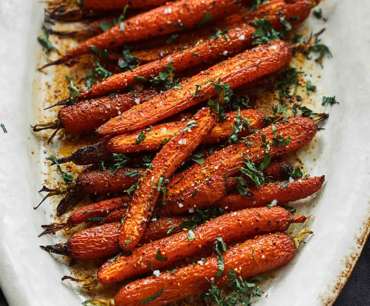 Delicious crispy roasted carrots garnished with herbs on a white plate.
