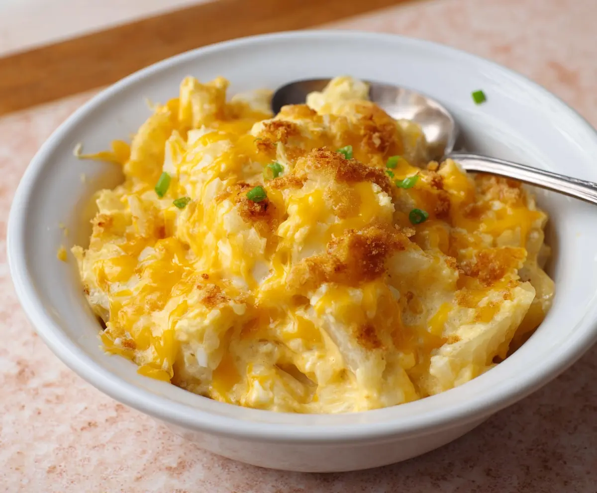 Delicious cheesy potatoes cooked in a crockpot, perfect for comfort food lovers.