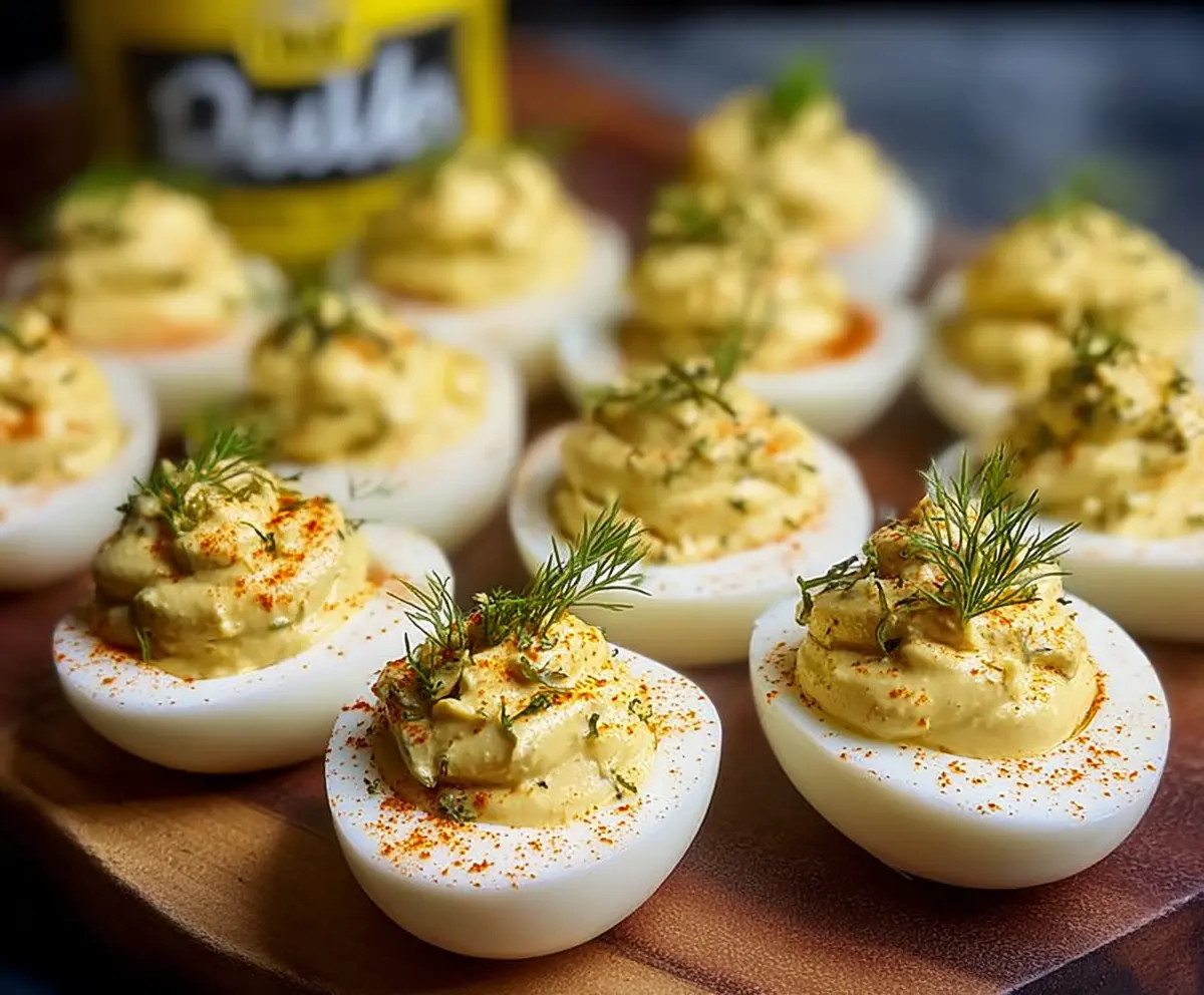 Delicious Dill Pickle Deviled Eggs garnished with fresh dill for a tangy appetizer.