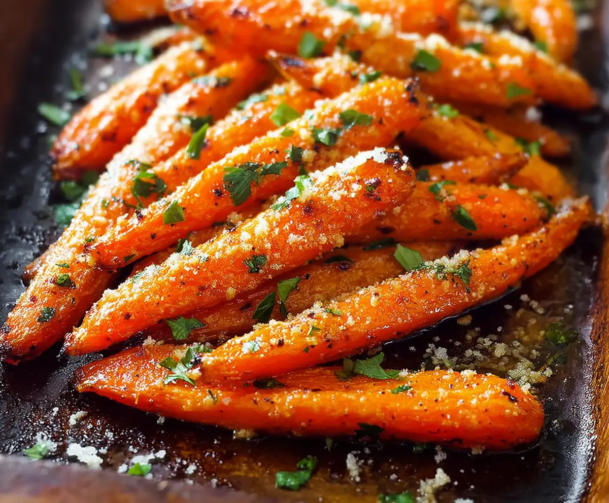 Delicious Garlic Parmesan Roasted Carrots garnished with herbs on a serving platter.