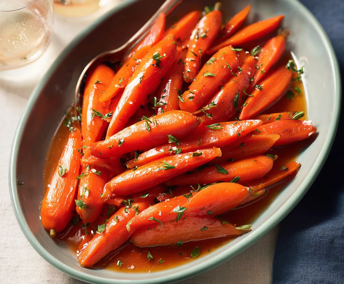 Delicious glazed carrots garnished with fresh herbs on a rustic plate, ready to serve as a healthy side dish.