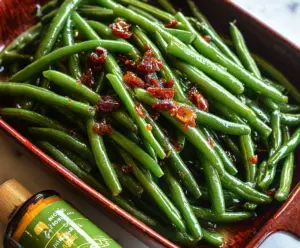 Delicious glazed green beans with a shiny, flavorful coating, perfect as a side dish for dinner.