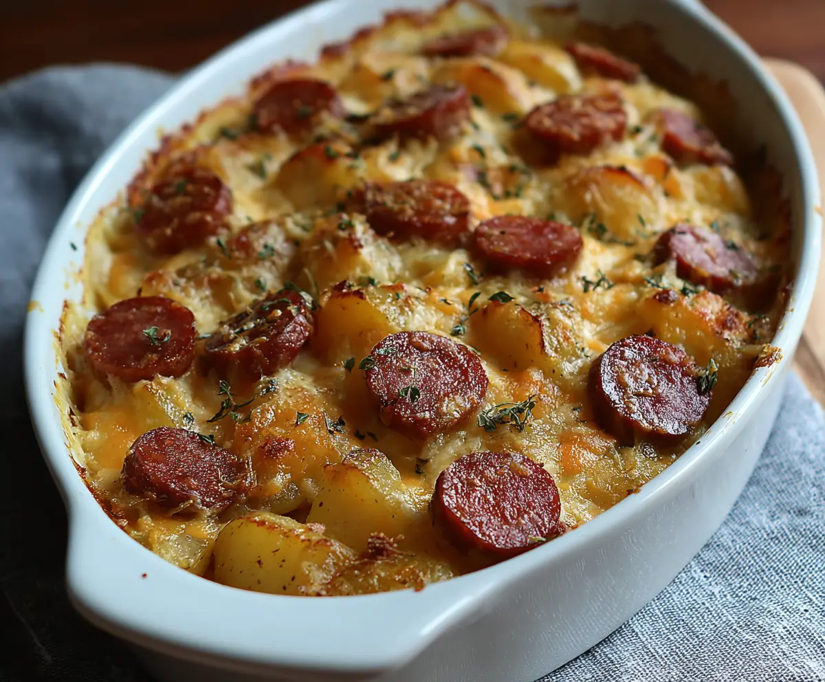 Delicious Kielbasa Sausage Cheesy Potato Casserole with melted cheese and crispy bacon
