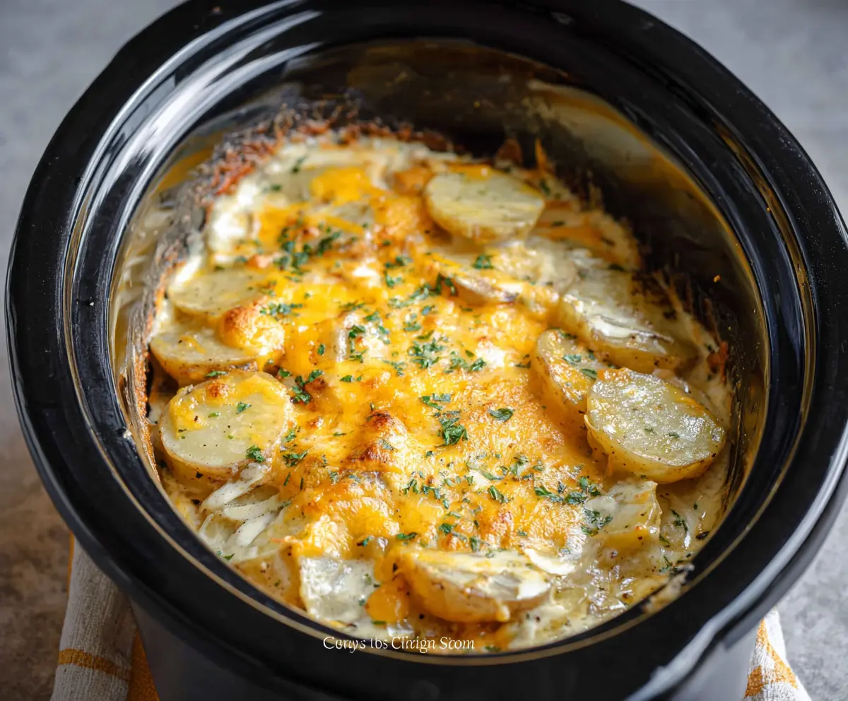 Creamy slow cooker scalloped potatoes topped with cheese and herbs, served as a comforting side dish.