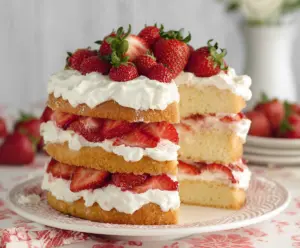 Delicious strawberry shortcake with layers of fresh strawberries, whipped cream, and cake
