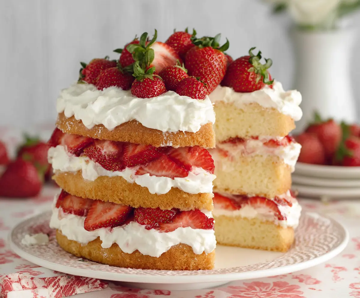 Delicious strawberry shortcake with layers of fresh strawberries, whipped cream, and cake