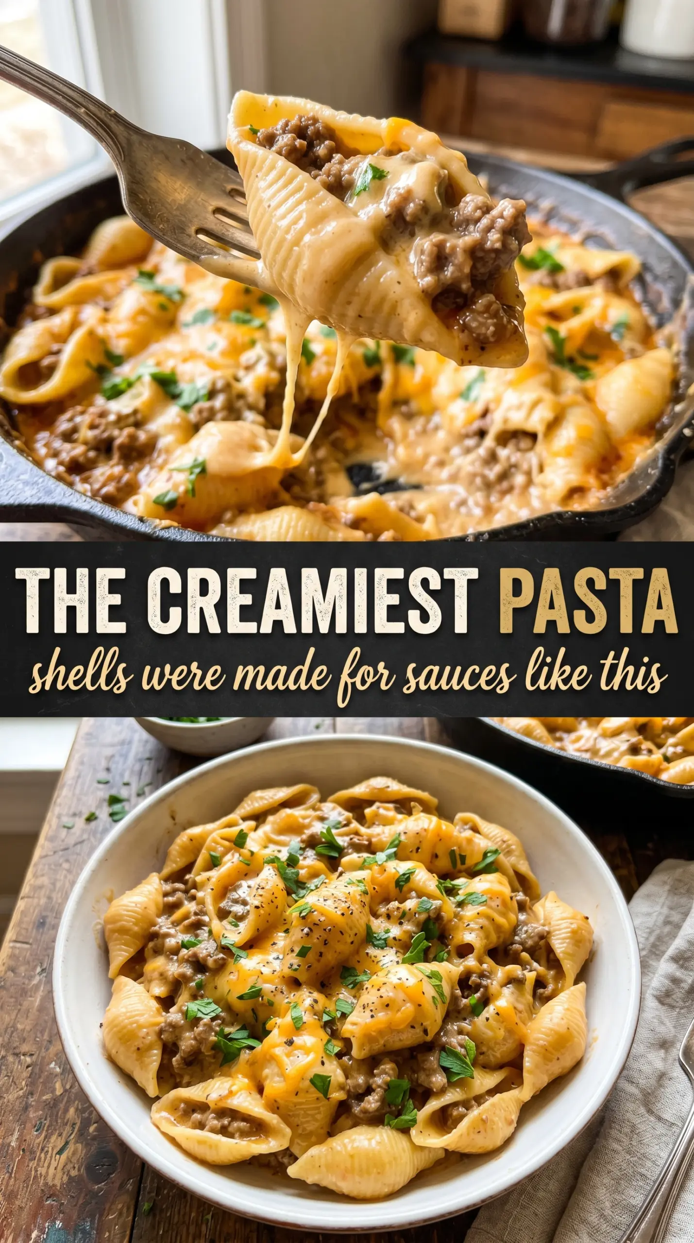 Creamy Beef and Shells cheesy beef pasta