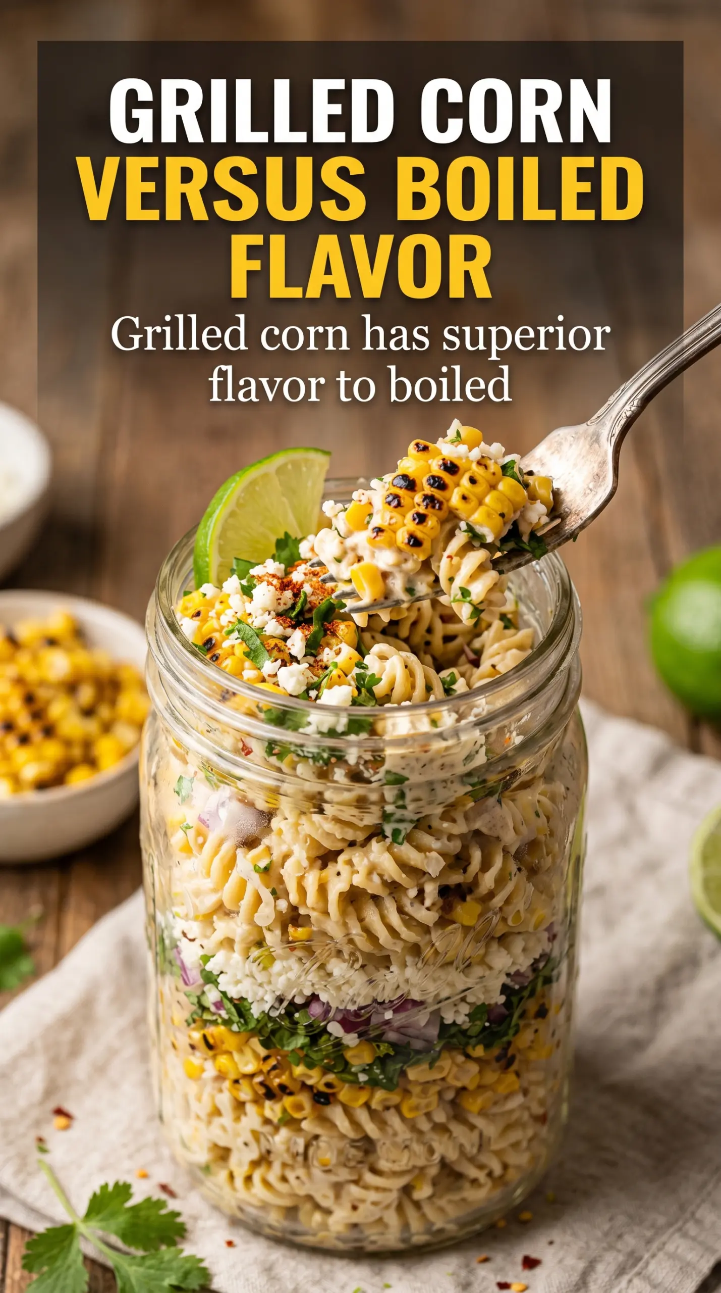 Creamy Street Corn Pasta Salad with charred corn, cotija, cilantro