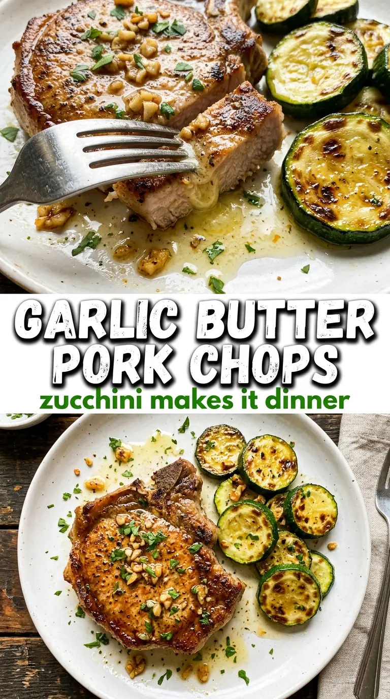Garlic Butter Pork Chops with Zucchini, golden skillet, herb-flecked