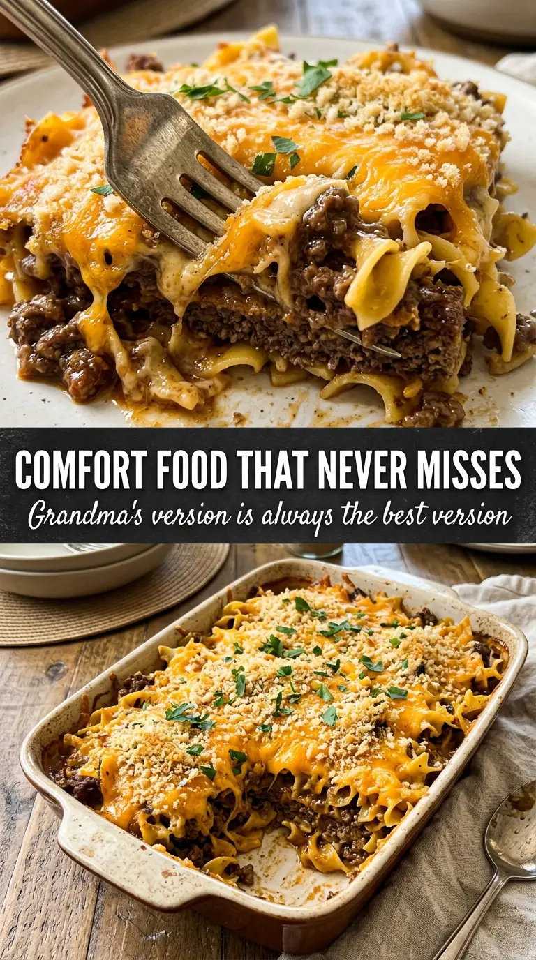 Grandma's Ground Beef Casserole creamy cheesy noodle bake