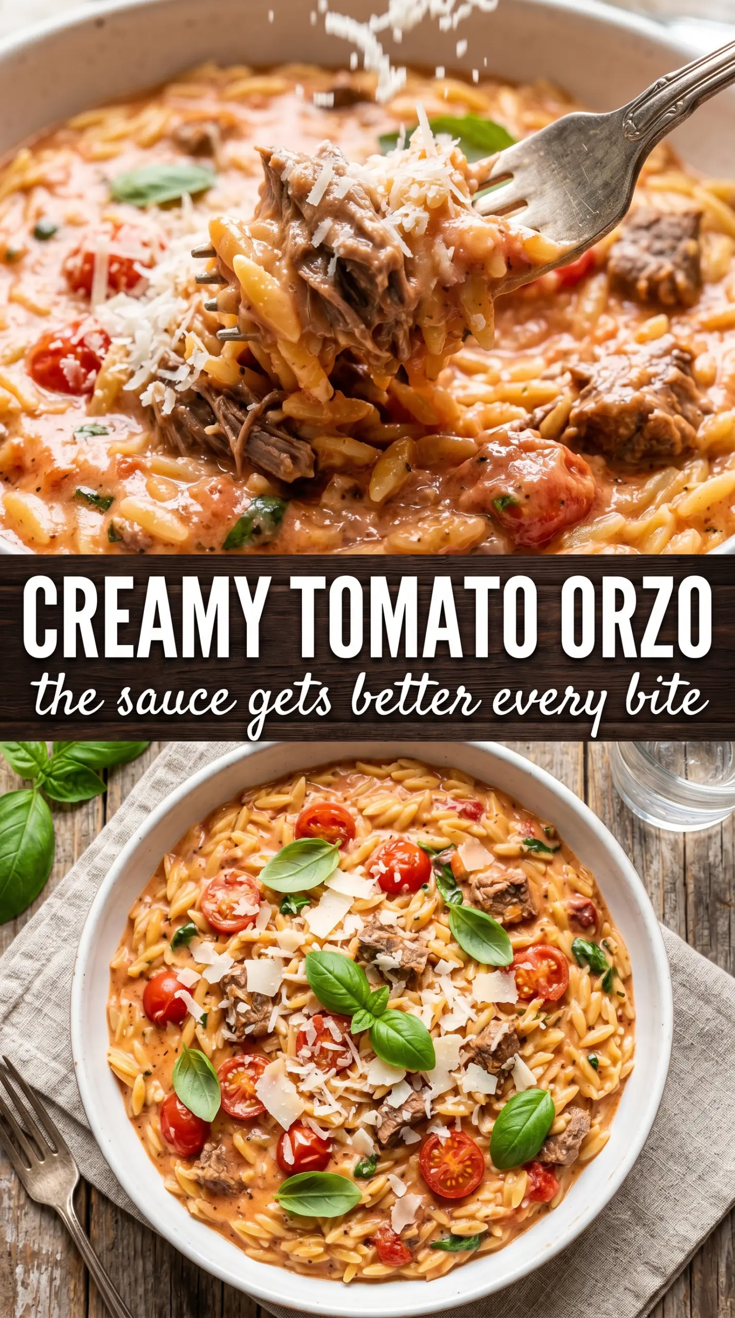 Ground Beef Orzo with Tomato Cream Sauce creamy beefy, skillet dinner