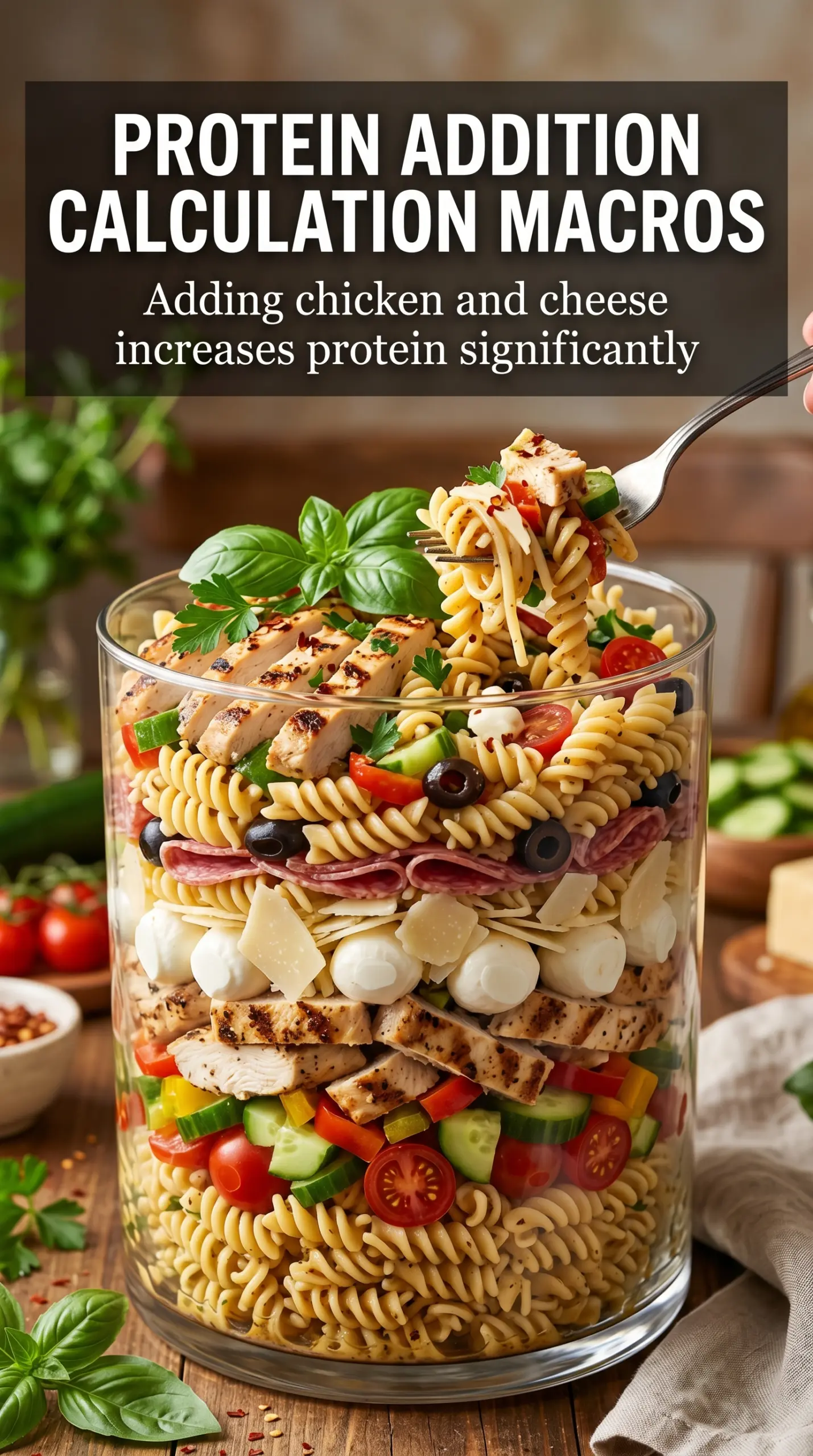 High-Protein Italian Pasta Salad with chicken, chickpeas, mozzarella