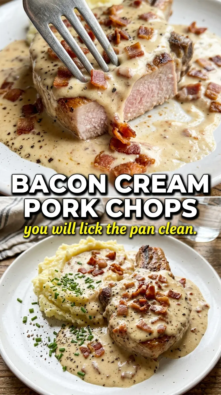 Pork Chops with Creamy Bacon Pan Sauce, creamy, smoky, skillet