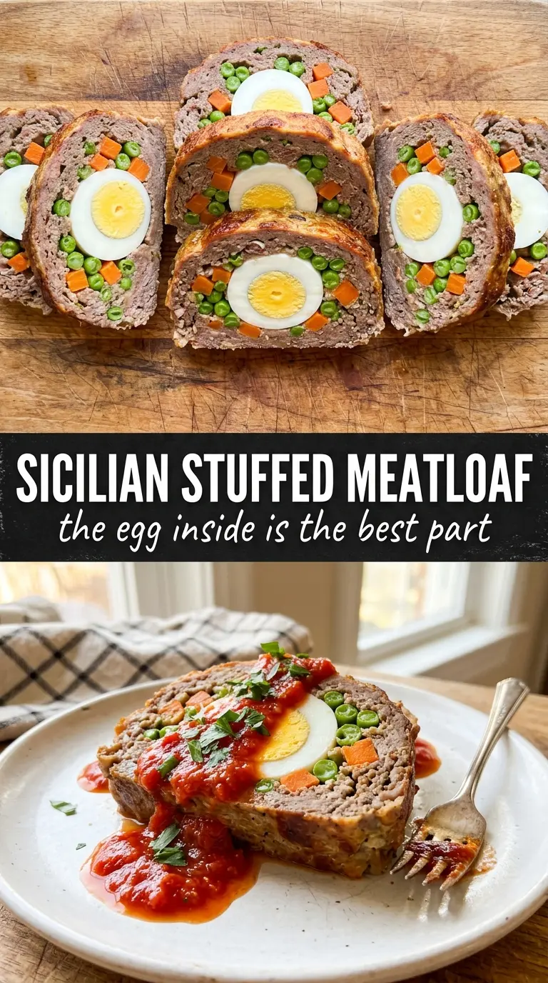 Sicilian Meatloaf with eggs salami spinach