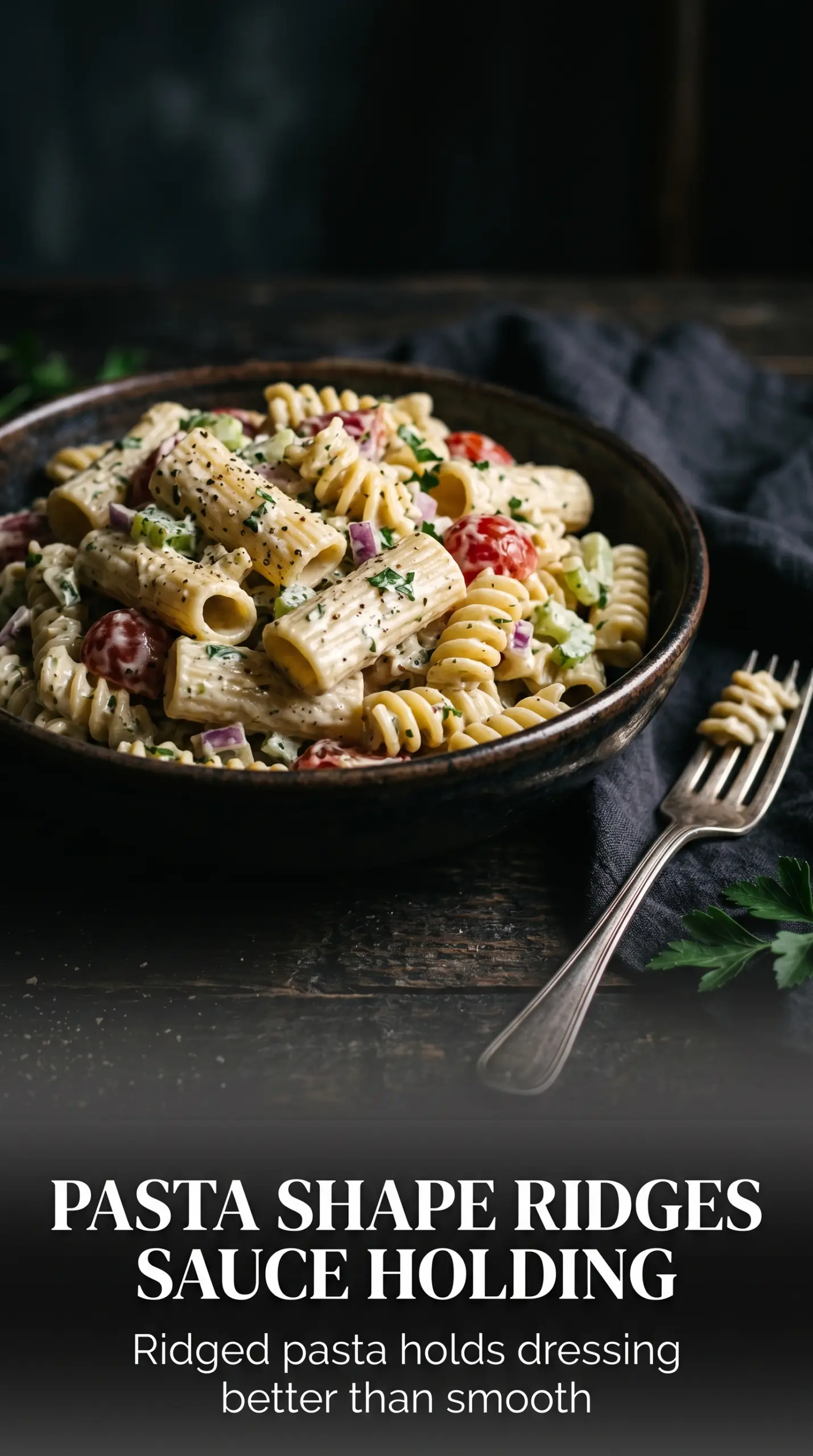 Creamy pasta salad, tangy, colorful, chilled