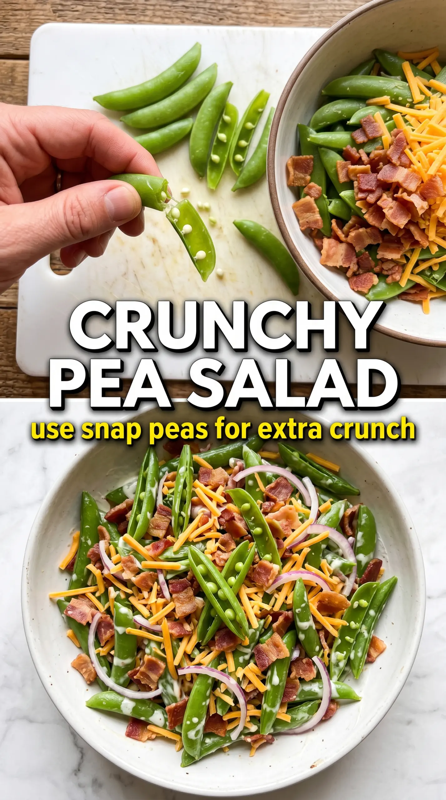 Pea salad with bacon and cheddar bright creamy