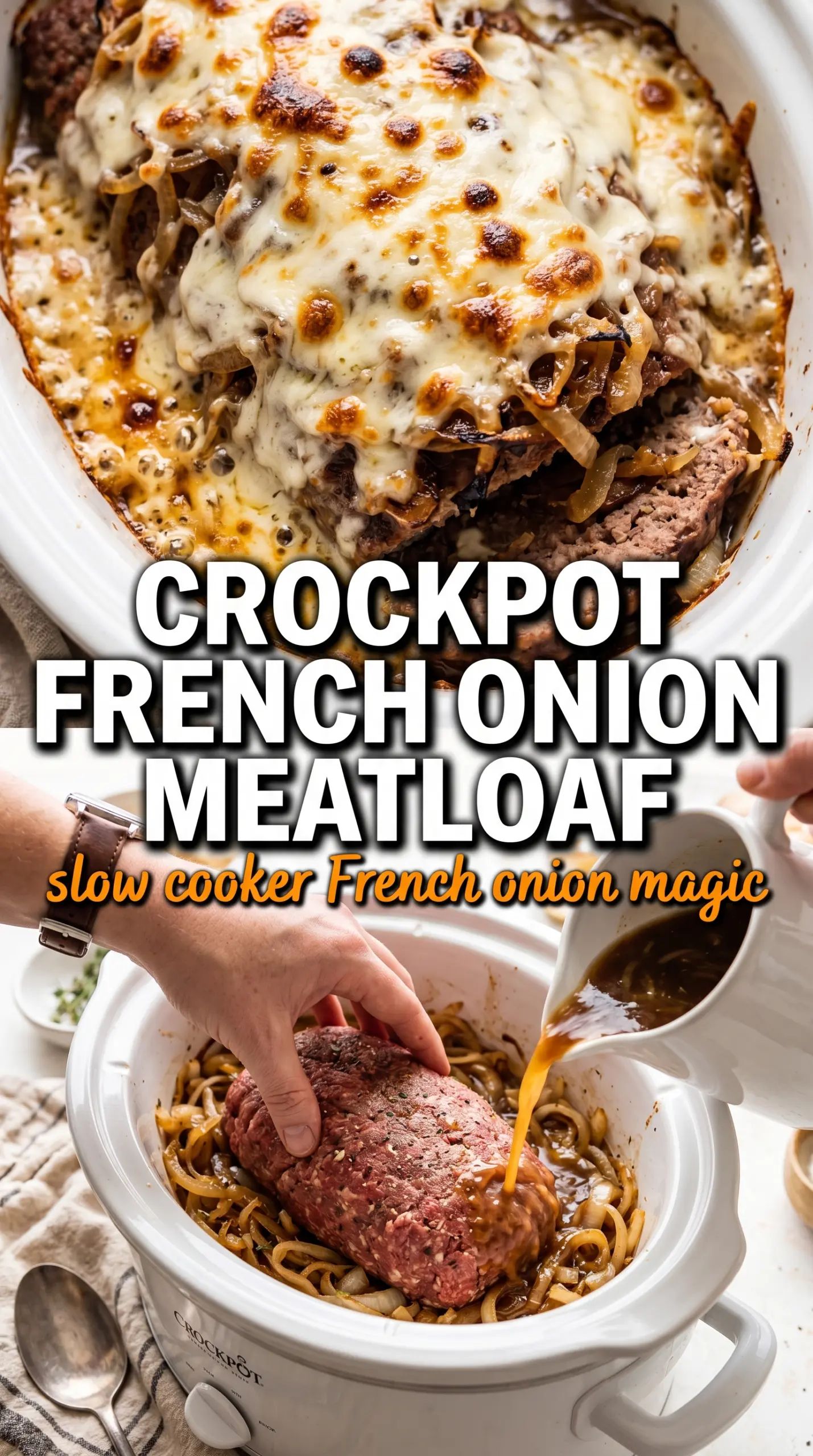 Crockpot French Onion Meatloaf with Melted Swiss Cheese, caramelized onions, slow cooker